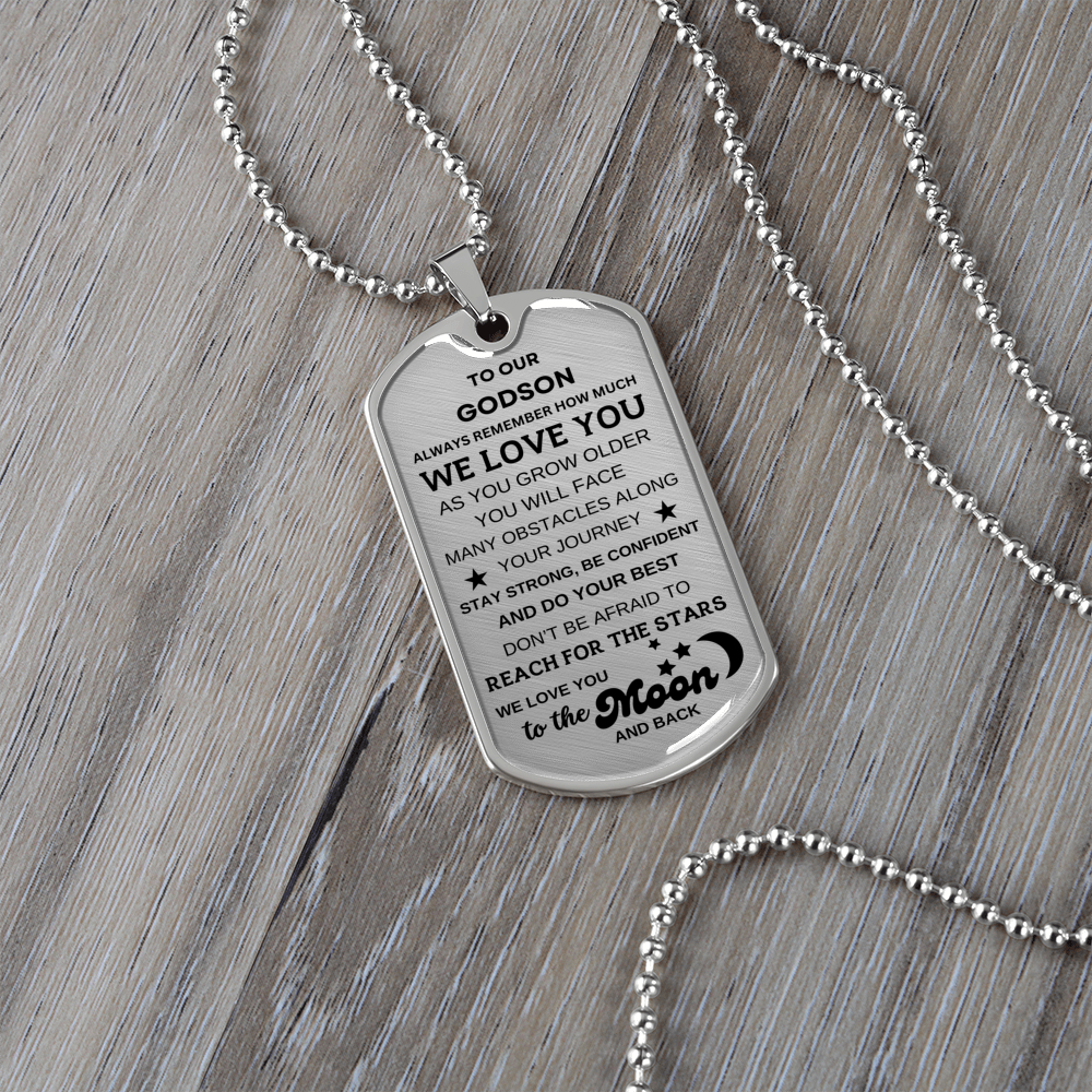To Our Godson Dog Tag Necklace To the Moon and Back