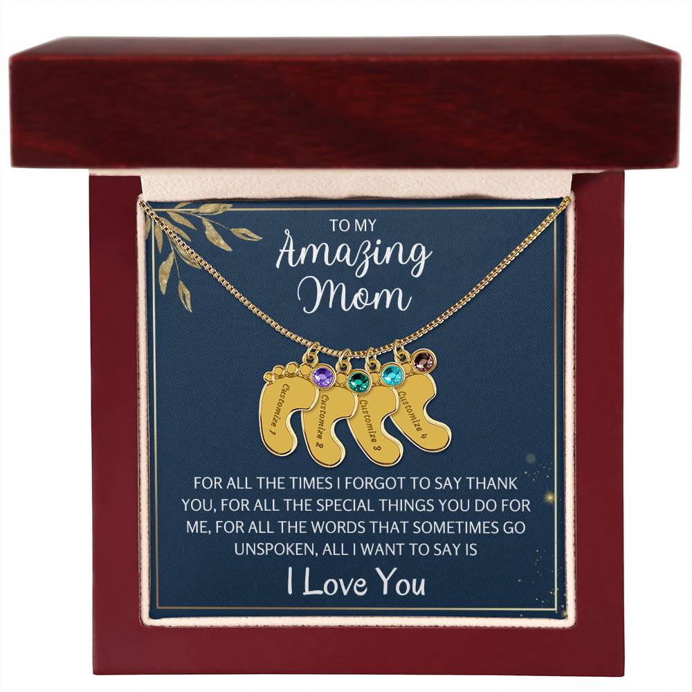 To An Amazing Mother 1-4 Name Baby Feet Birthstone Necklace, Gift For Mom New Mom, Baby Shower Birthday Mother's Day Gift for Her, Engraved