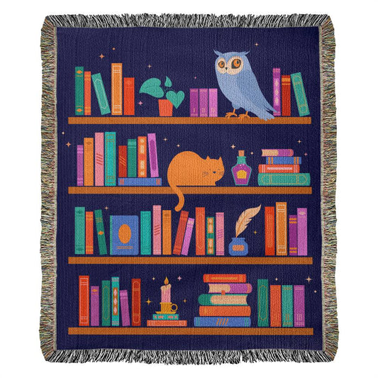 Bookshelf Woven Throw Blanket, Cat Potion Cotton Throw, Owls Cat and Candles, Cute Magic, Cottagecore Decor
