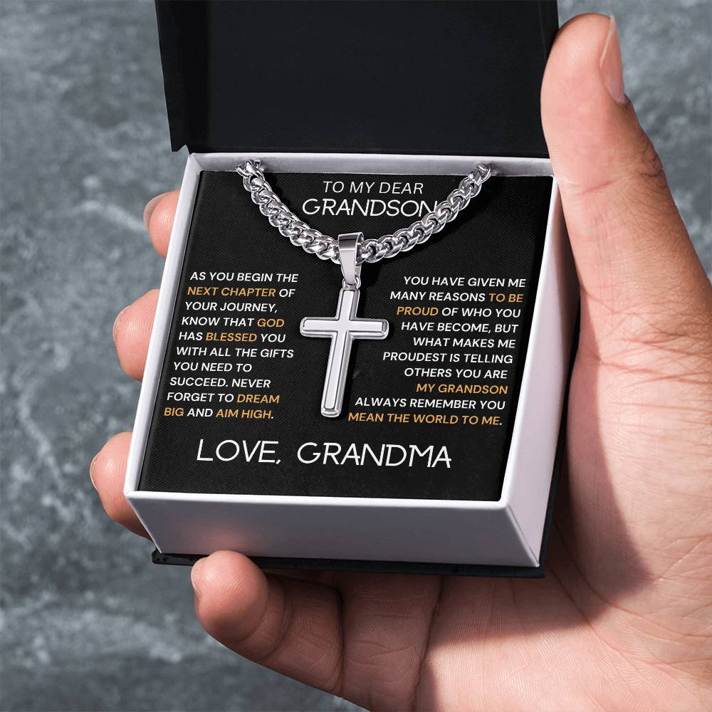 To My Dear Grandson Engraved Cross Necklace