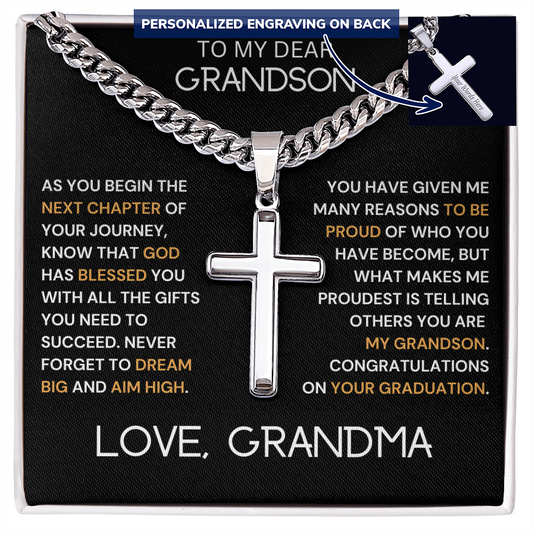 To My Dear Grandson Engraved Cross Necklace