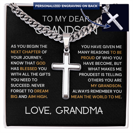 To My Dear Grandson Cross Necklace, Love Grandma