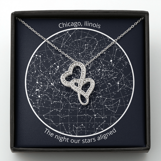 Personalized Celestial Night Sky Map with Double Heart Necklace Gift Set