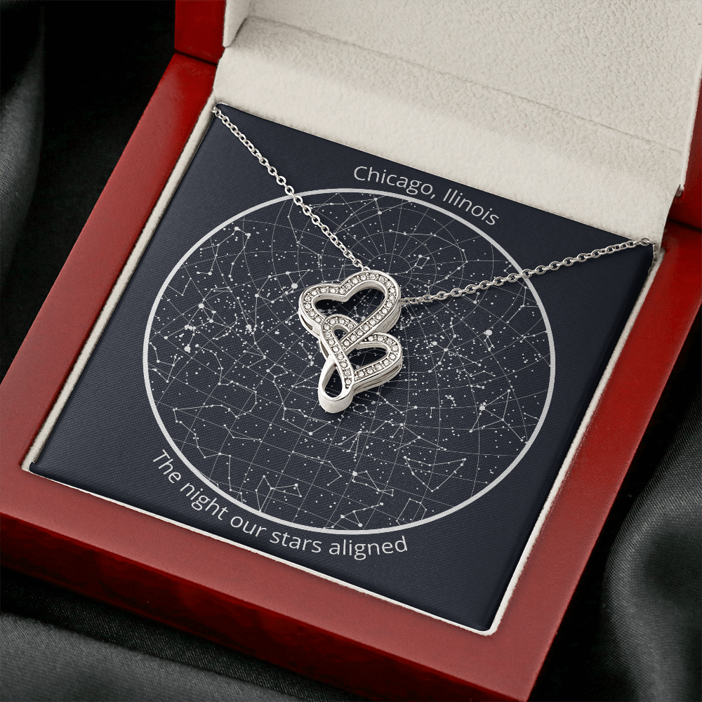 Personalized Celestial Night Sky Map with Double Heart Necklace Gift Set
