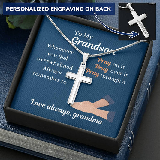 Pray through it Silver Cross Pendant Jewelry, gift from grandmother to grandson