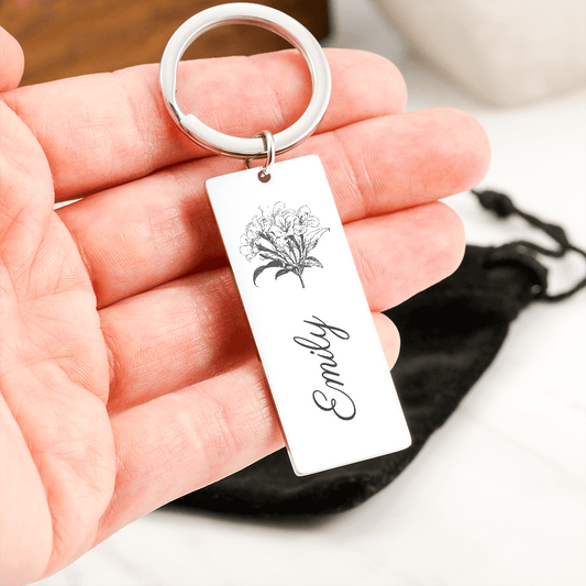 Personalized Violet February Birth Month Flower Keychain with Name, Mother's Day Gift, Engraved on the Back