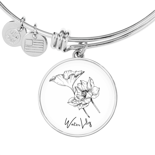 Water Lily July Birth Flower Bangle Charm Bracelet Silver Gold