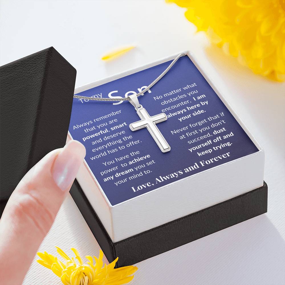 Gift for Son - Stainless Steel Pendant Cross Necklace Jewelry - Message Card & Gift Set