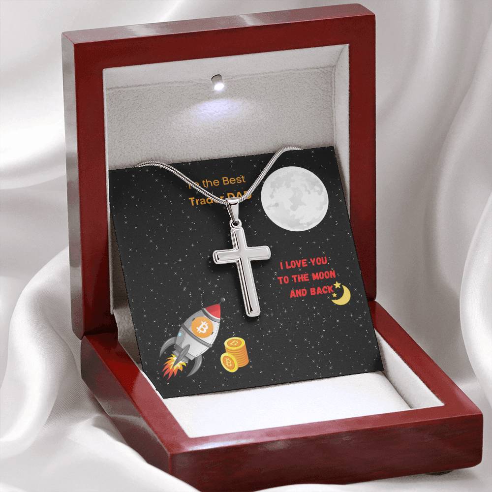 Best Trader Dad Bitcoin Moon Rocket Silver Gold Engravable Cross Necklace