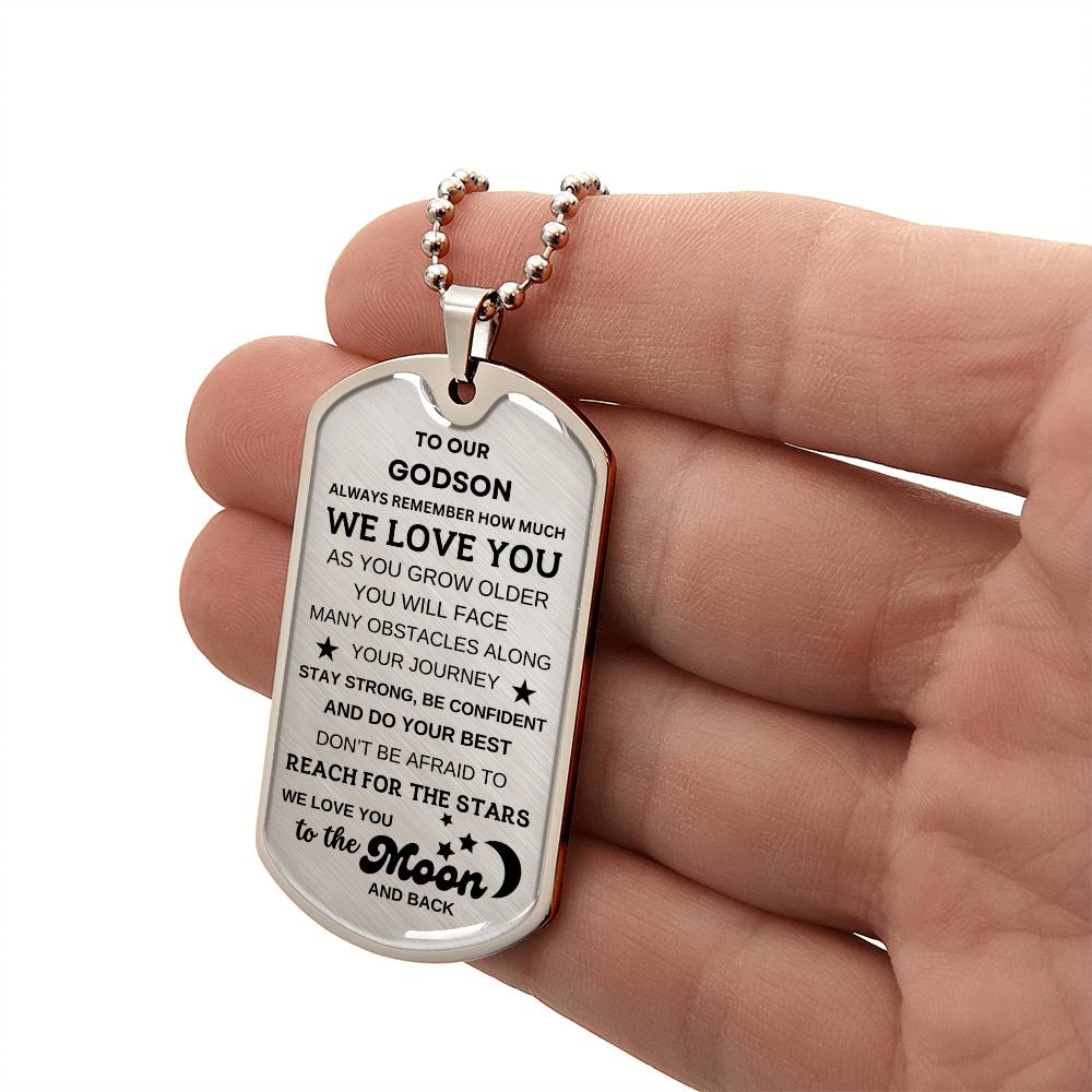 To Our Godson Dog Tag Necklace To the Moon and Back