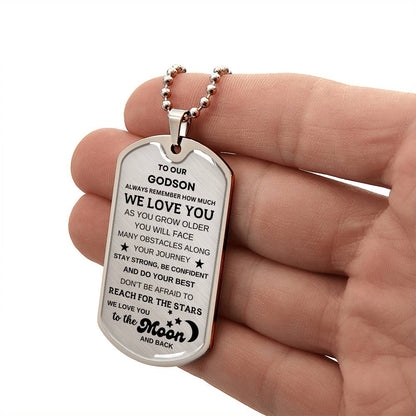 To Our Godson Dog Tag Necklace To the Moon and Back