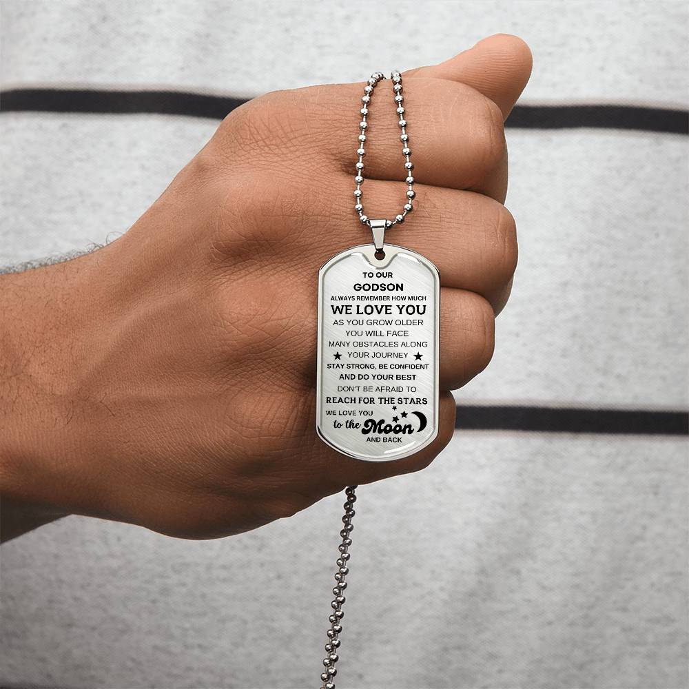 To Our Godson Dog Tag Necklace To the Moon and Back