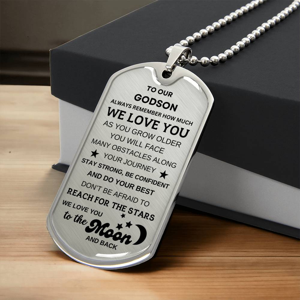 To Our Godson Dog Tag Necklace To the Moon and Back