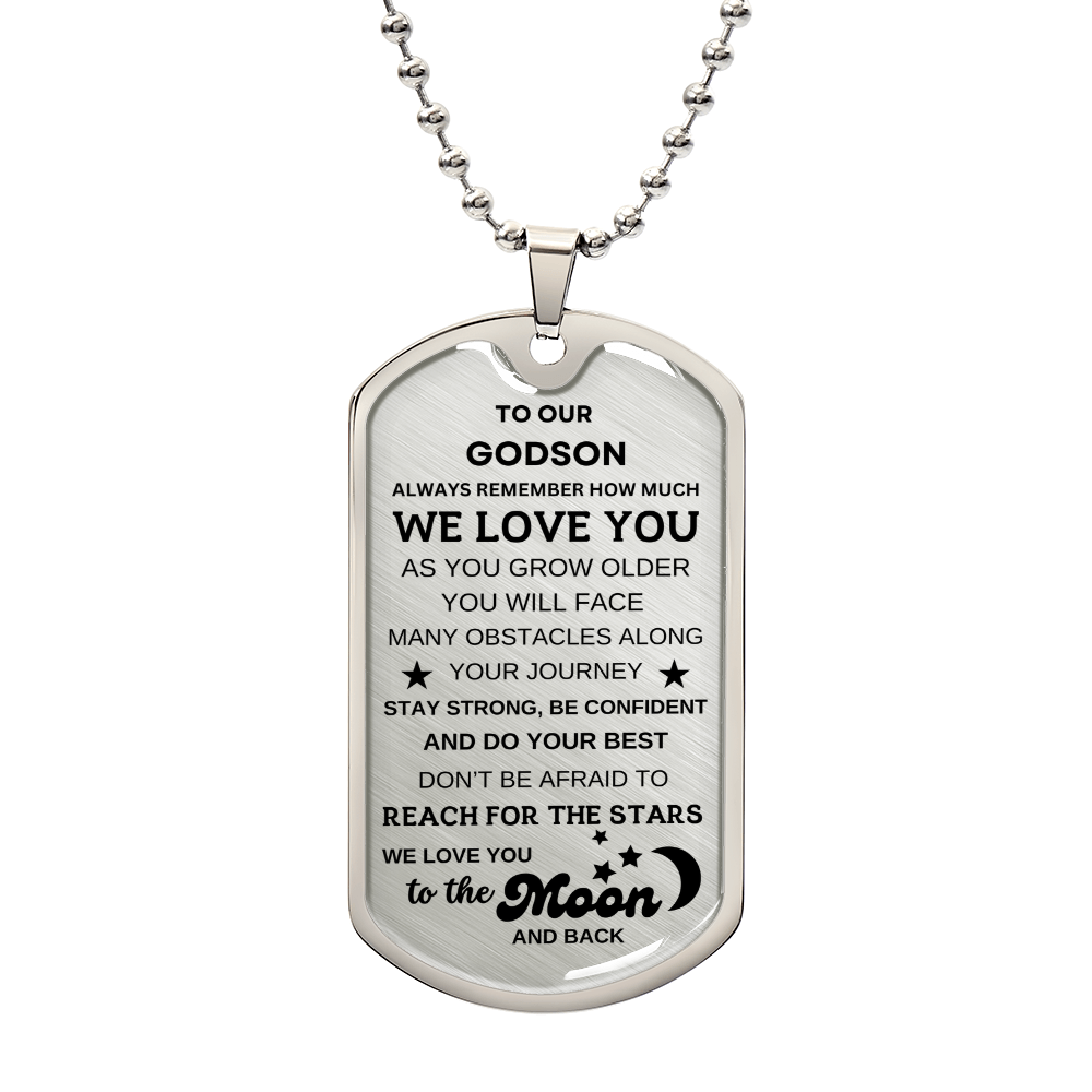 To Our Godson Dog Tag Necklace To the Moon and Back