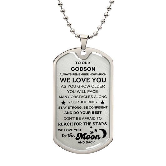 To Our Godson Dog Tag Necklace To the Moon and Back