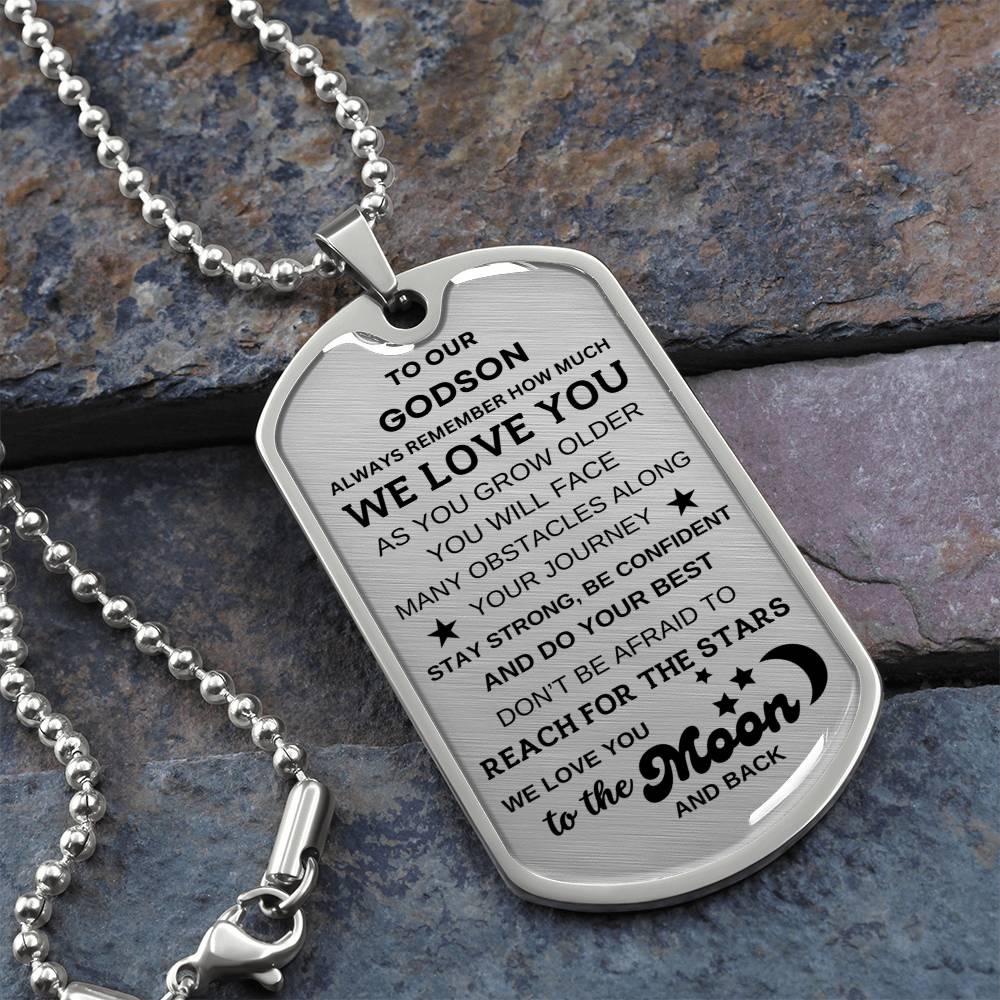 To Our Godson Dog Tag Necklace To the Moon and Back