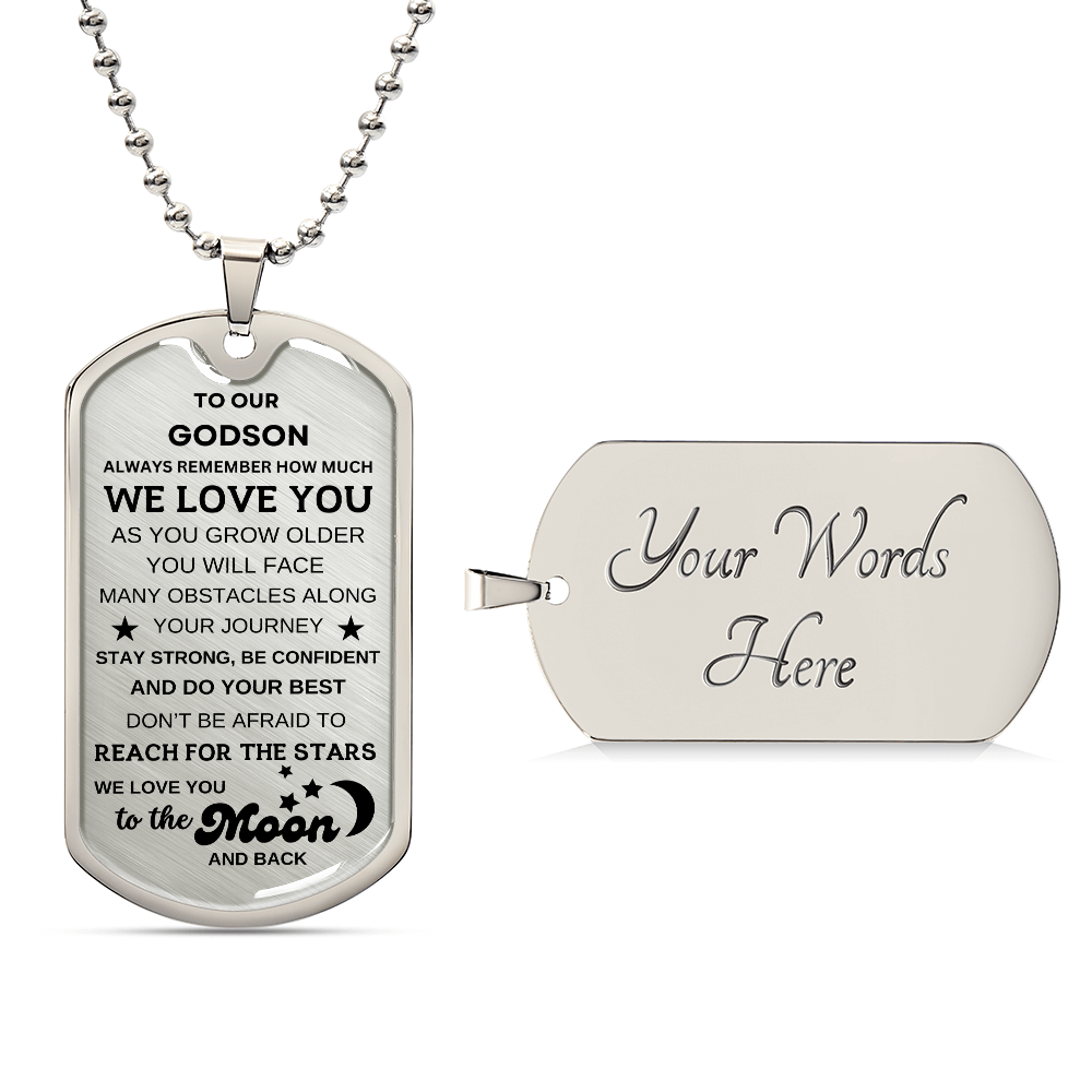 To Our Godson Dog Tag Necklace To the Moon and Back