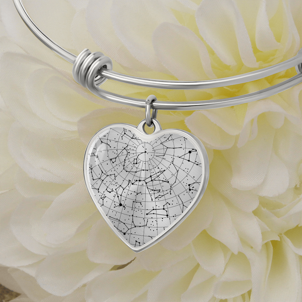 Celestial Night Sky Heart Shaped Bangle Bracelet B/W