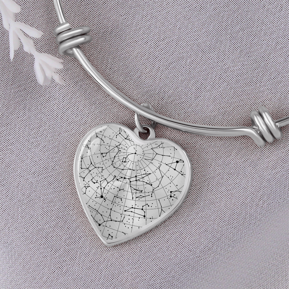 Celestial Night Sky Heart Shaped Bangle Bracelet B/W