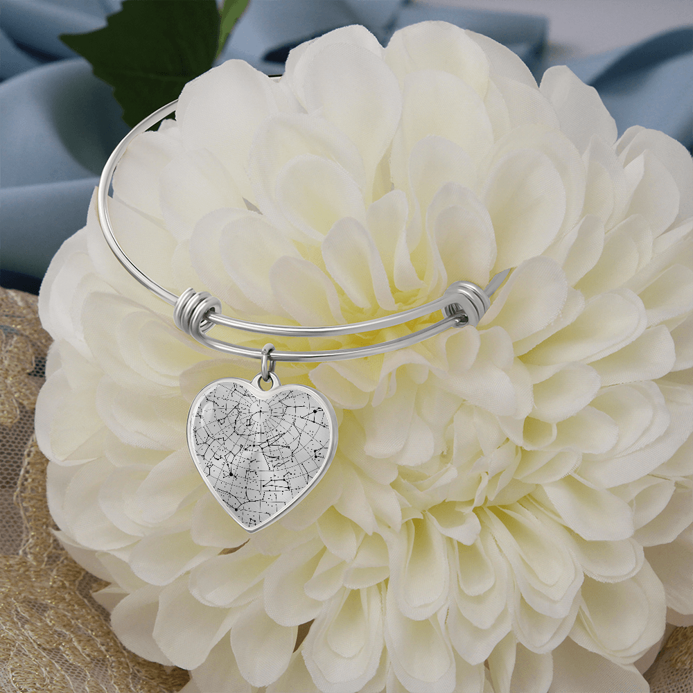 Celestial Night Sky Heart Shaped Bangle Bracelet B/W