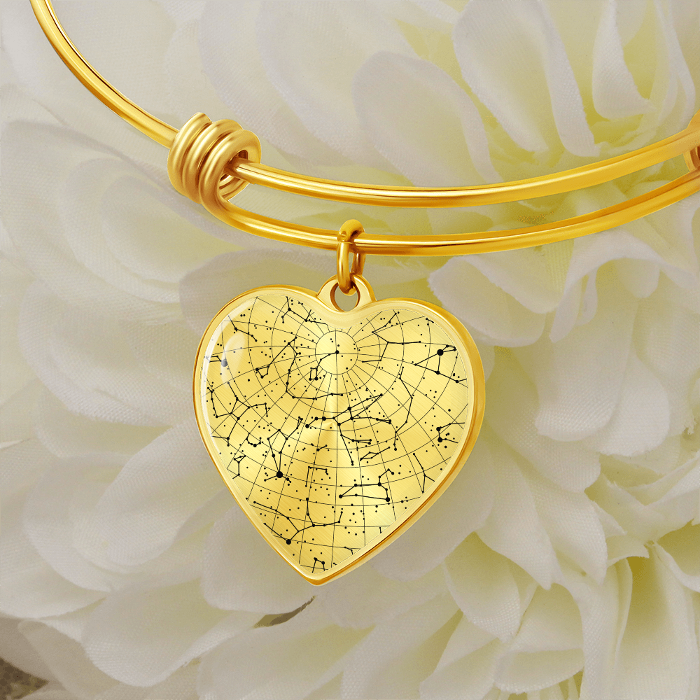 Celestial Night Sky Heart Shaped Bangle Bracelet B/W