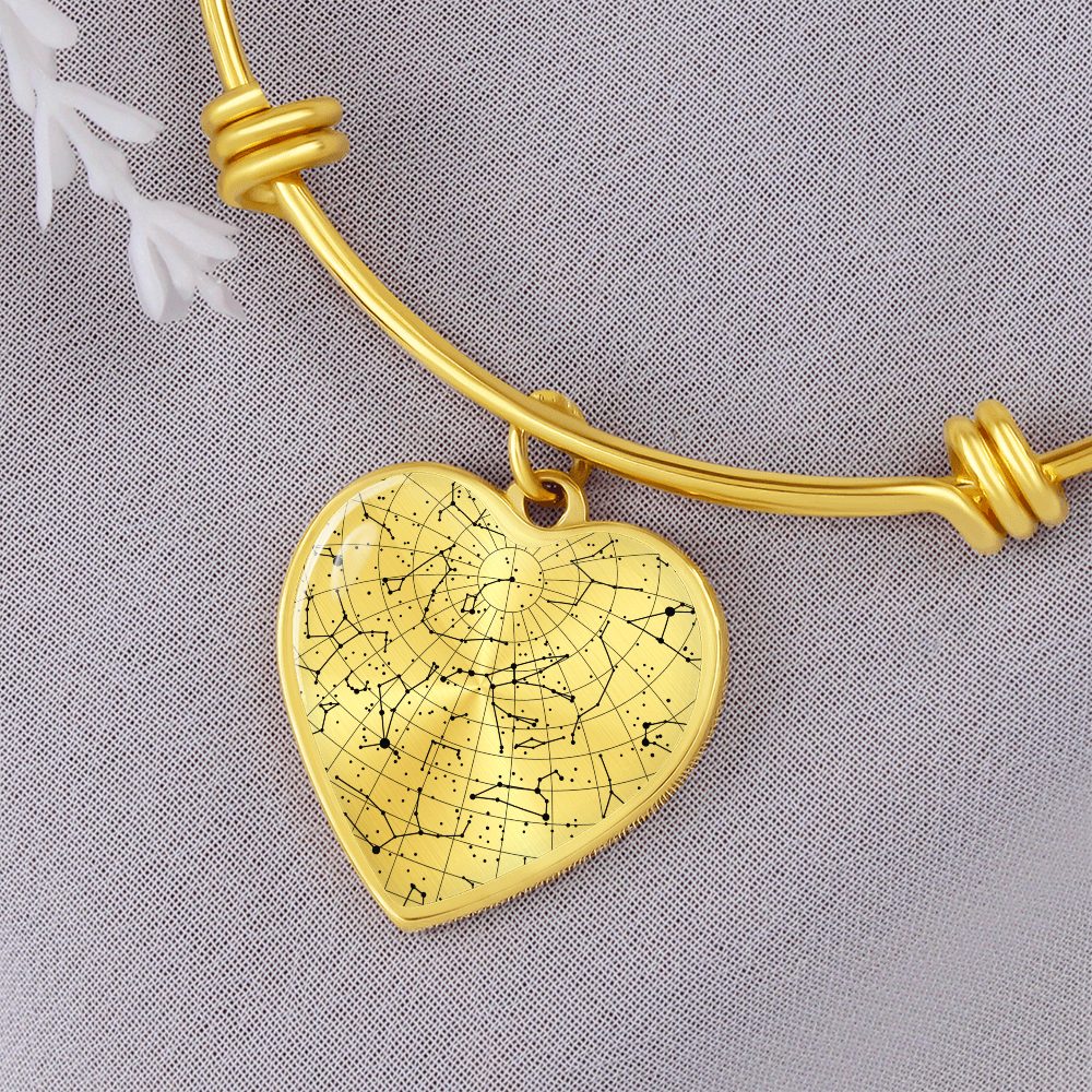 Celestial Night Sky Heart Shaped Bangle Bracelet B/W