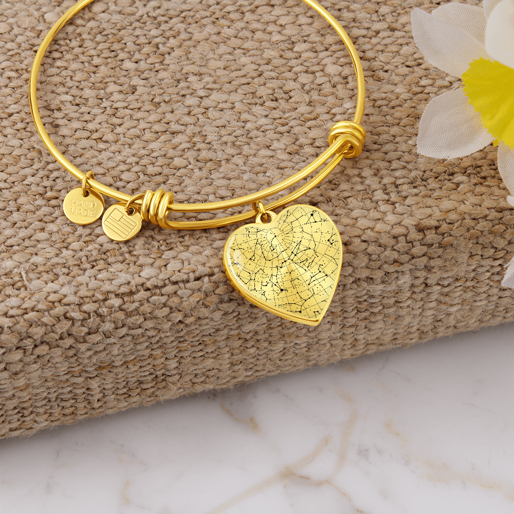 Celestial Night Sky Heart Shaped Bangle Bracelet B/W
