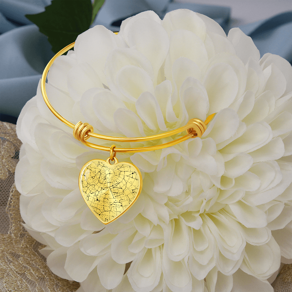 Celestial Night Sky Heart Shaped Bangle Bracelet B/W