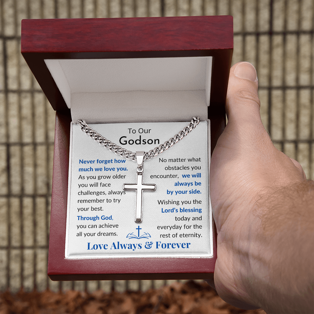 To Our Godson, Engraved Cross Chain