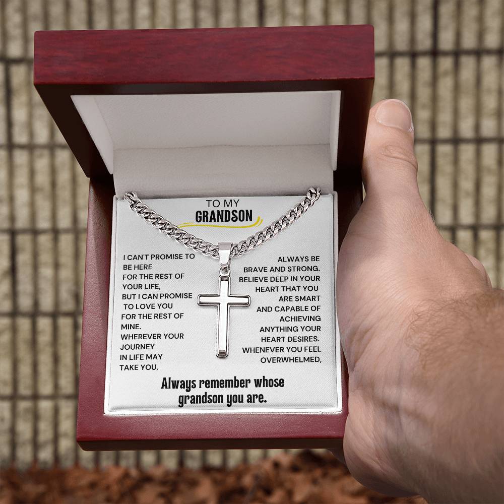 To My Grandson Engraved Cross Necklace - Always Remember Whose Grandson You Are 1