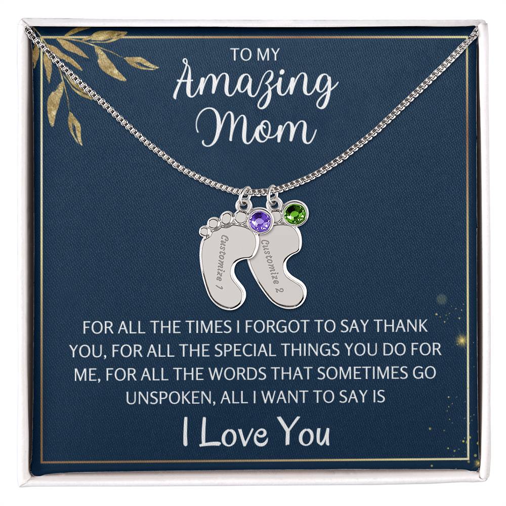 To An Amazing Mother 1-4 Name Baby Feet Birthstone Necklace, Gift For Mom New Mom, Baby Shower Birthday Mother's Day Gift for Her, Engraved