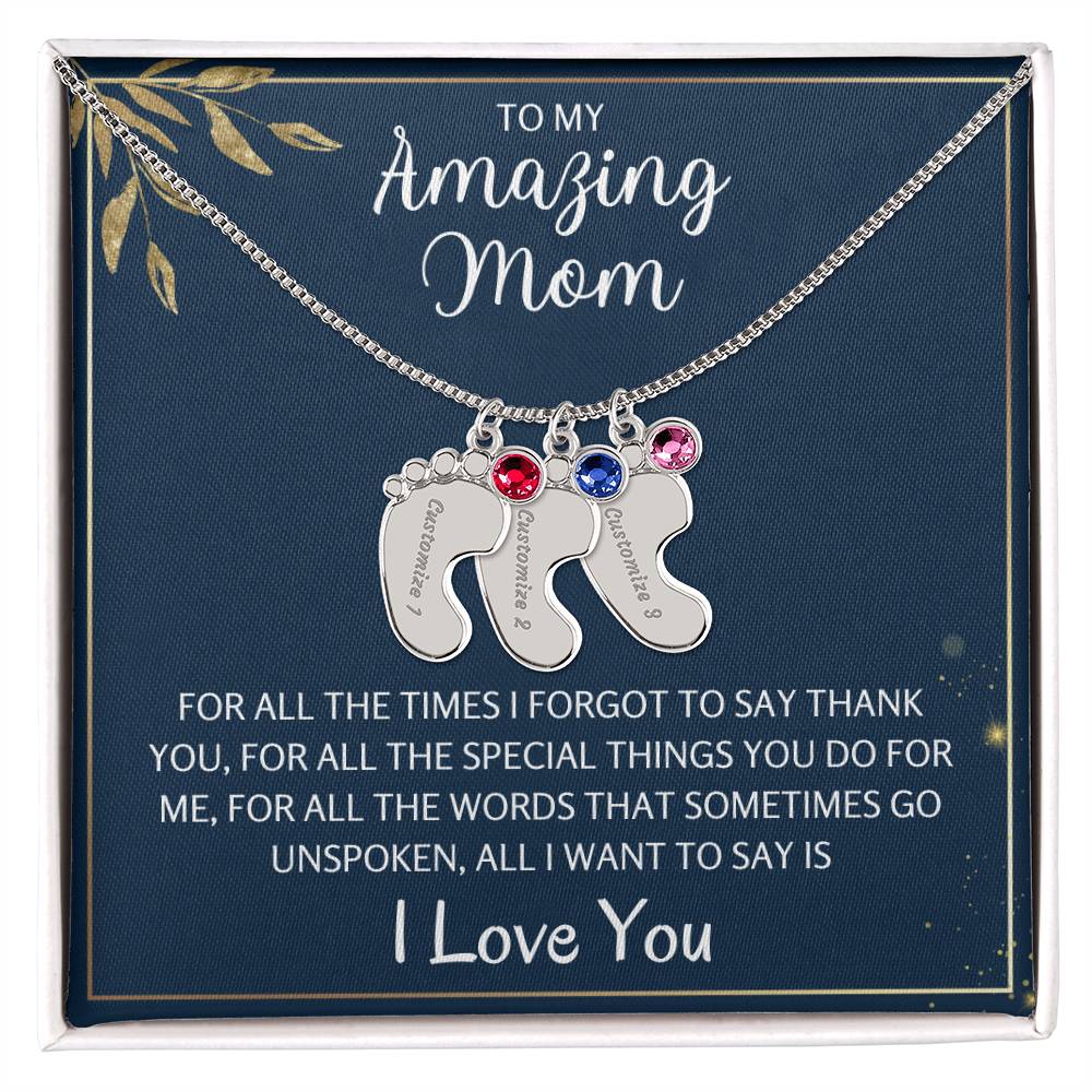 To An Amazing Mother 1-4 Name Baby Feet Birthstone Necklace, Gift For Mom New Mom, Baby Shower Birthday Mother's Day Gift for Her, Engraved