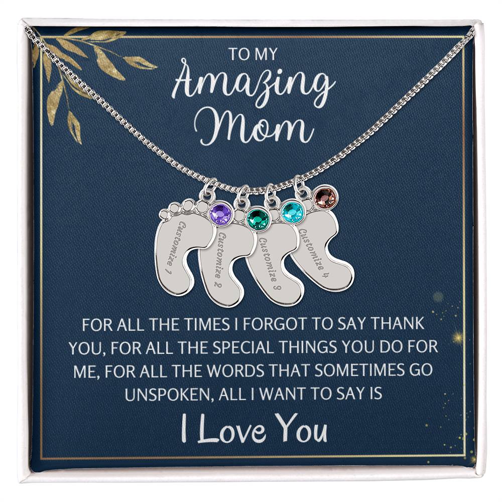 To An Amazing Mother 1-4 Name Baby Feet Birthstone Necklace, Gift For Mom New Mom, Baby Shower Birthday Mother's Day Gift for Her, Engraved