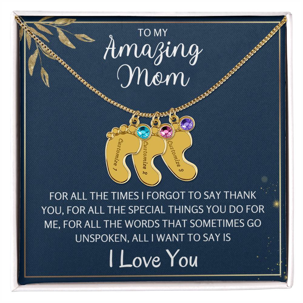 To An Amazing Mother 1-4 Name Baby Feet Birthstone Necklace, Gift For Mom New Mom, Baby Shower Birthday Mother's Day Gift for Her, Engraved