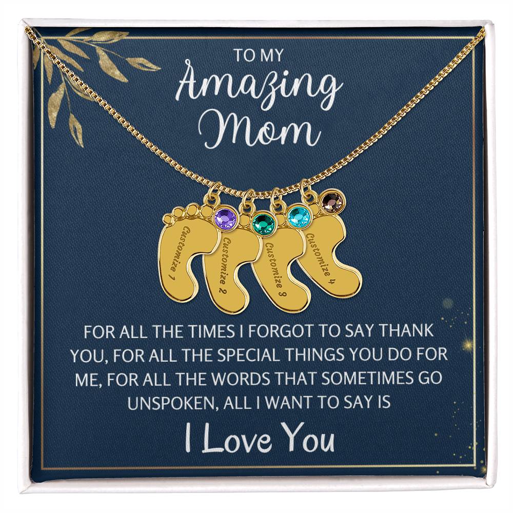 To An Amazing Mother 1-4 Name Baby Feet Birthstone Necklace, Gift For Mom New Mom, Baby Shower Birthday Mother's Day Gift for Her, Engraved