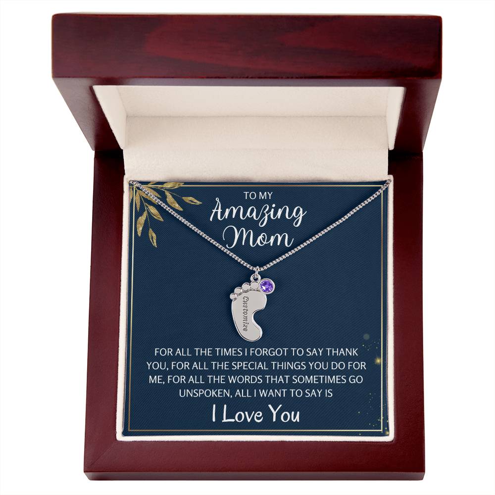 To An Amazing Mother 1-4 Name Baby Feet Birthstone Necklace, Gift For Mom New Mom, Baby Shower Birthday Mother's Day Gift for Her, Engraved