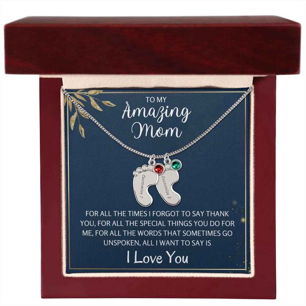 To An Amazing Mother 1-4 Name Baby Feet Birthstone Necklace, Gift For Mom New Mom, Baby Shower Birthday Mother's Day Gift for Her, Engraved