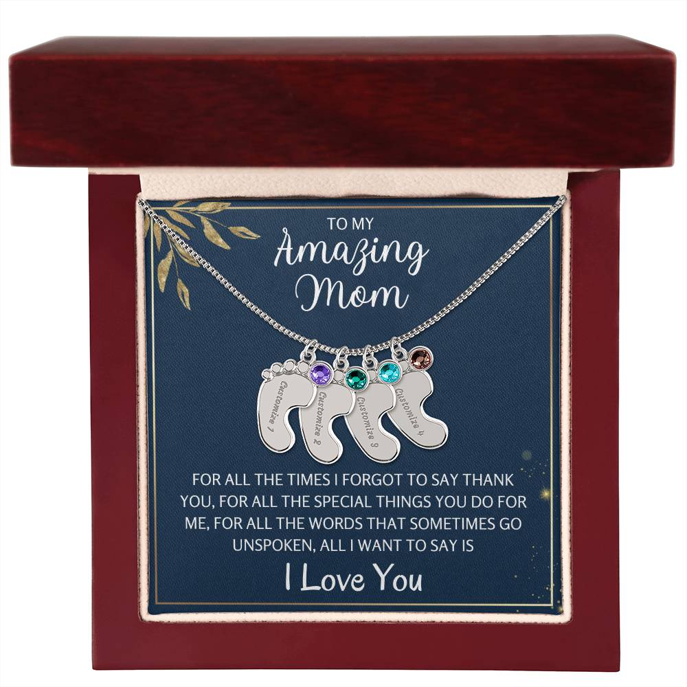 To An Amazing Mother 1-4 Name Baby Feet Birthstone Necklace, Gift For Mom New Mom, Baby Shower Birthday Mother's Day Gift for Her, Engraved