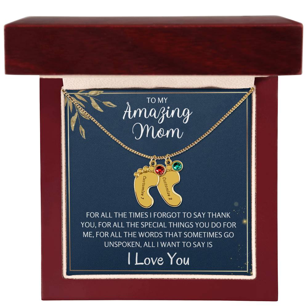 To An Amazing Mother 1-4 Name Baby Feet Birthstone Necklace, Gift For Mom New Mom, Baby Shower Birthday Mother's Day Gift for Her, Engraved