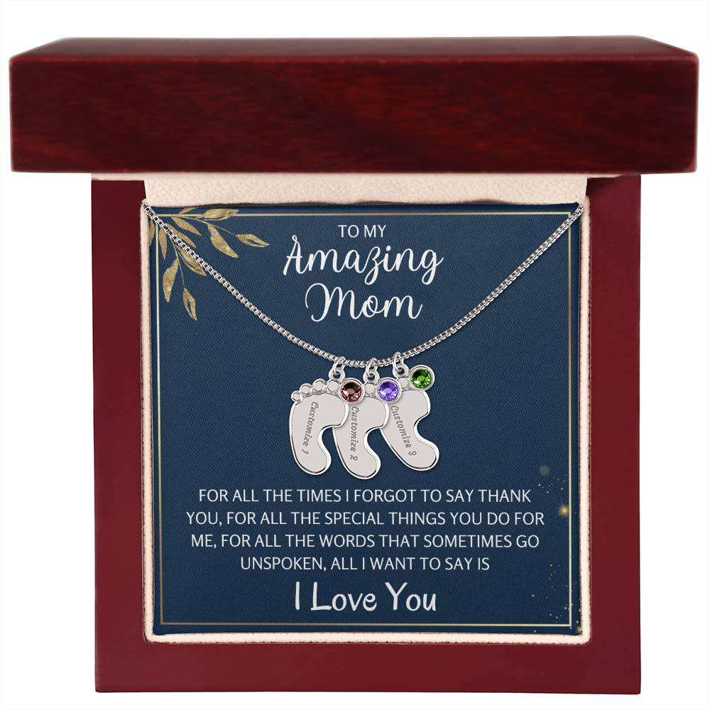 To An Amazing Mother 1-4 Name Baby Feet Birthstone Necklace, Gift For Mom New Mom, Baby Shower Birthday Mother's Day Gift for Her, Engraved