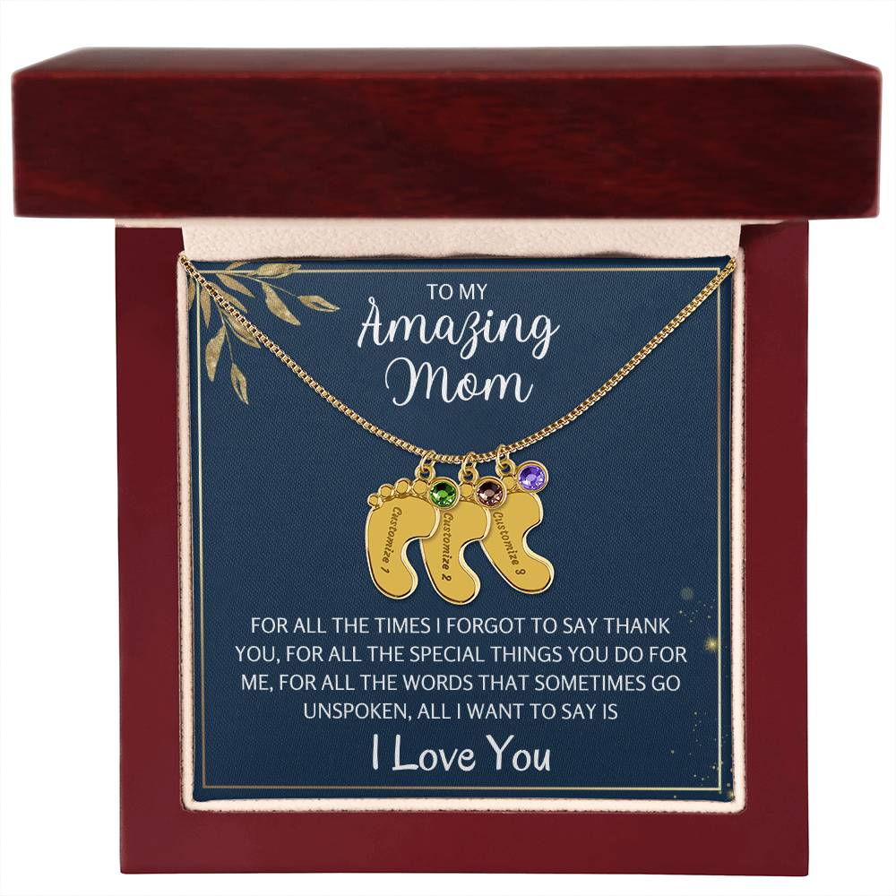 To An Amazing Mother 1-4 Name Baby Feet Birthstone Necklace, Gift For Mom New Mom, Baby Shower Birthday Mother's Day Gift for Her, Engraved