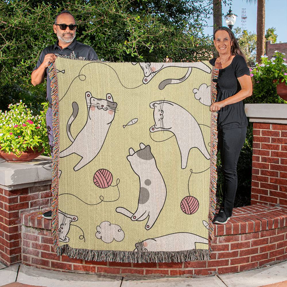 Cat and Yarn Woven Heirloom Throw Blanket