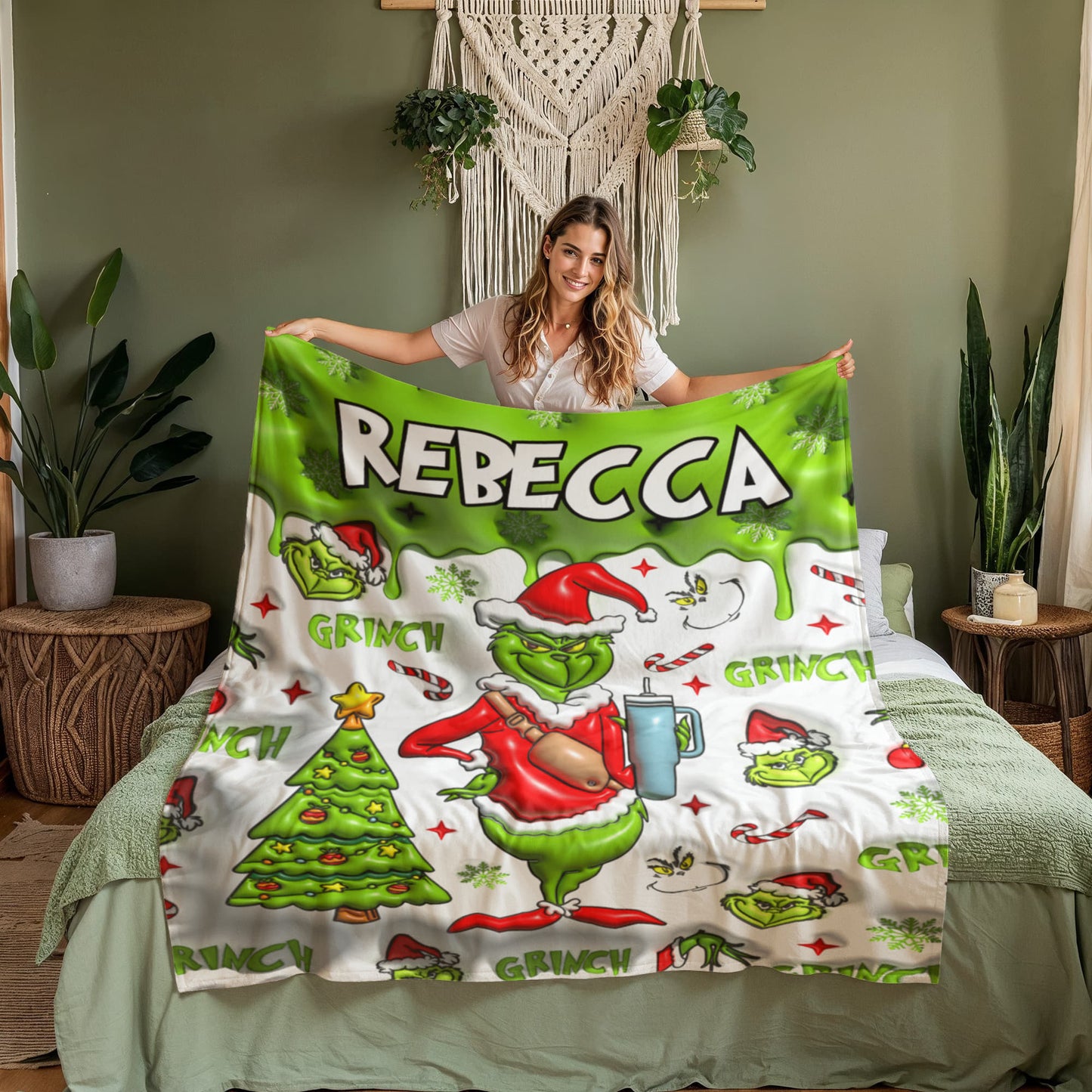 Custom Name Grinch Blanket Coral Fleece