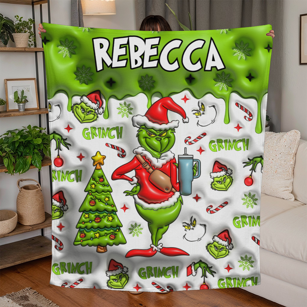 Custom Name Grinch Jersey Fleece Blanket