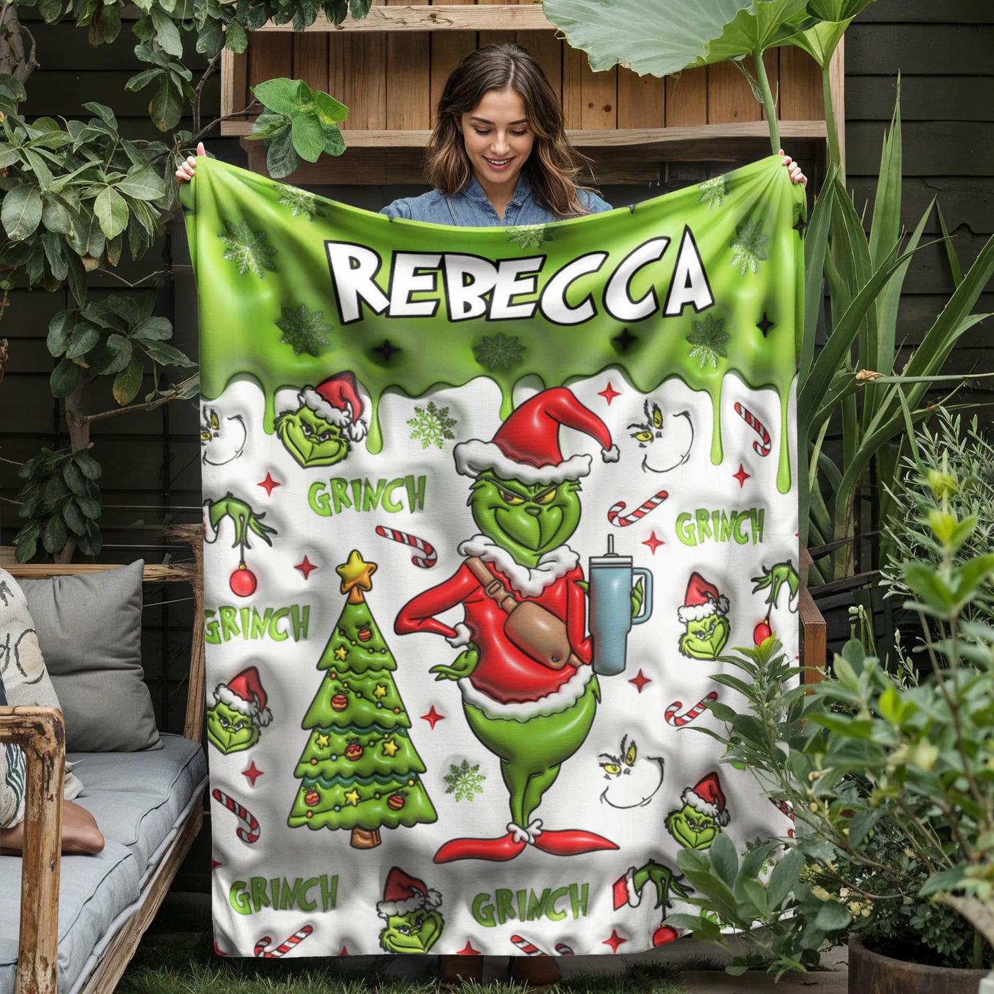 Custom Name Grinch Jersey Fleece Blanket
