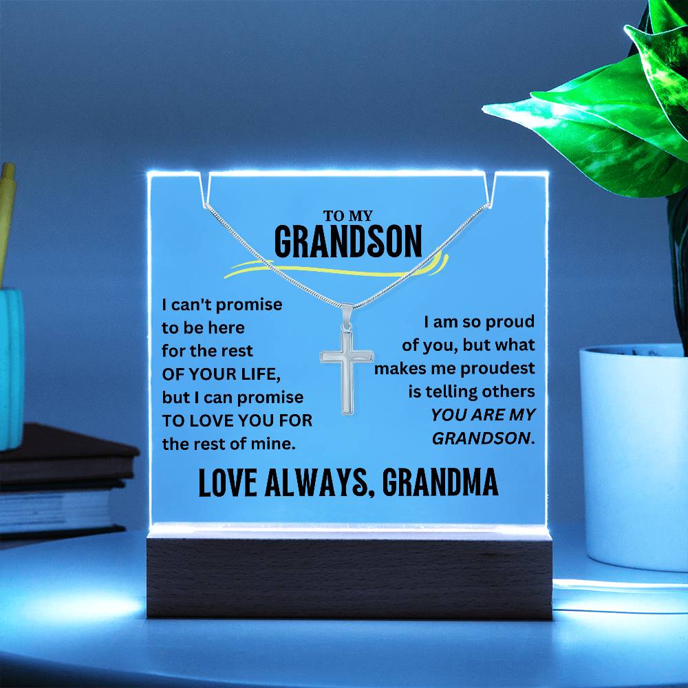 To My Grandson Cross Necklace with Acrylic Plaque