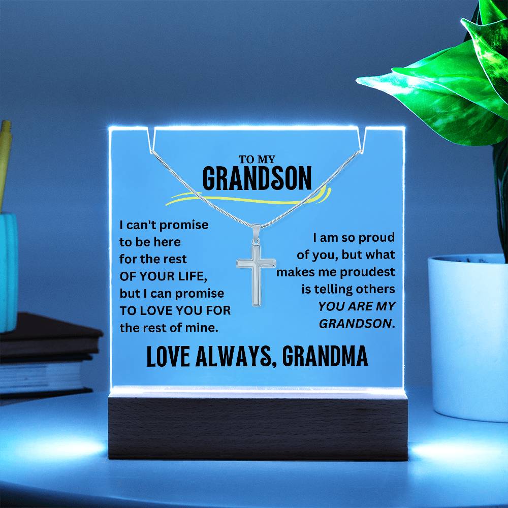 To My Grandson Cross Necklace with Acrylic Plaque