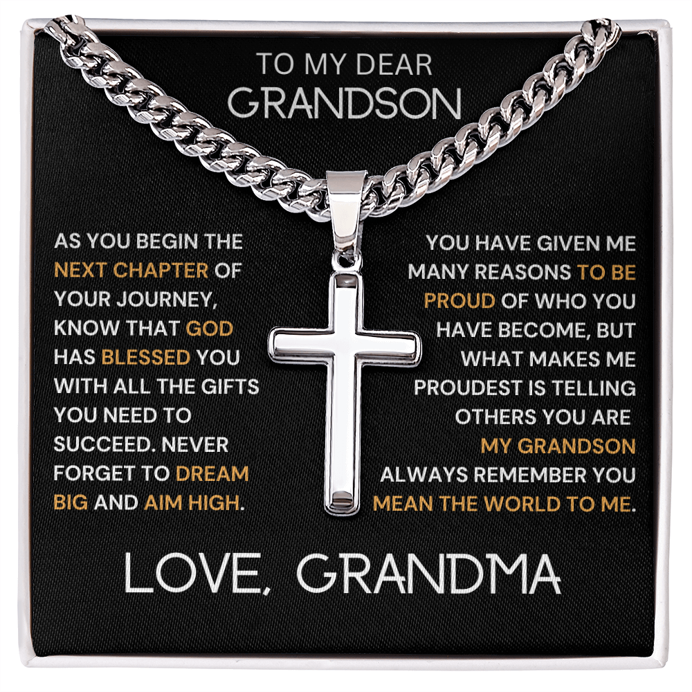 To My Dear Grandson Engraved Cross Necklace
