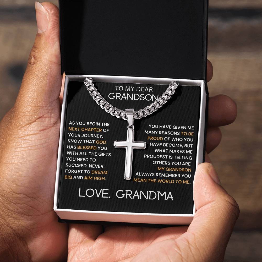 To My Dear Grandson Engraved Cross Necklace