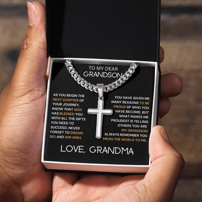 To My Dear Grandson Engraved Cross Necklace